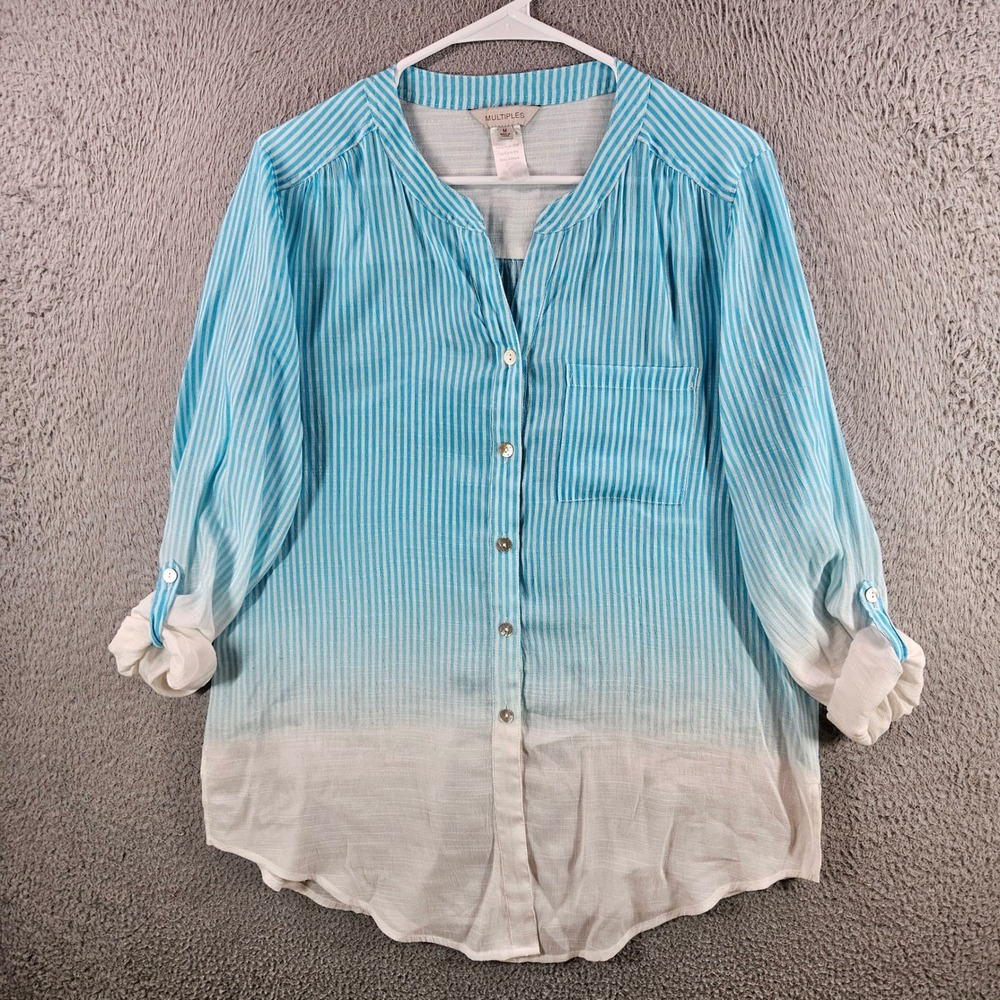 Multiples Womens Turquoise‎ White Striped Ombre Roll Tab Button Up Blouse Medium